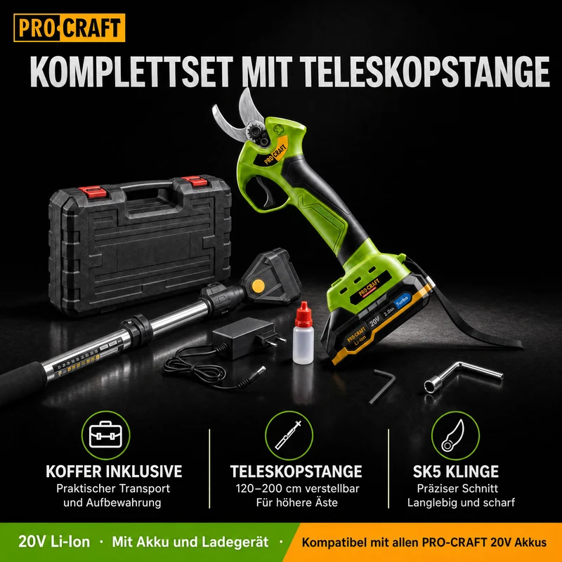 Procraft ES28Li Akku Astschere 20 V Brushless + Teleskop Verlängerung Aufsatz + 1x Akku 2,0 Ah + Ladegerät + Koffer