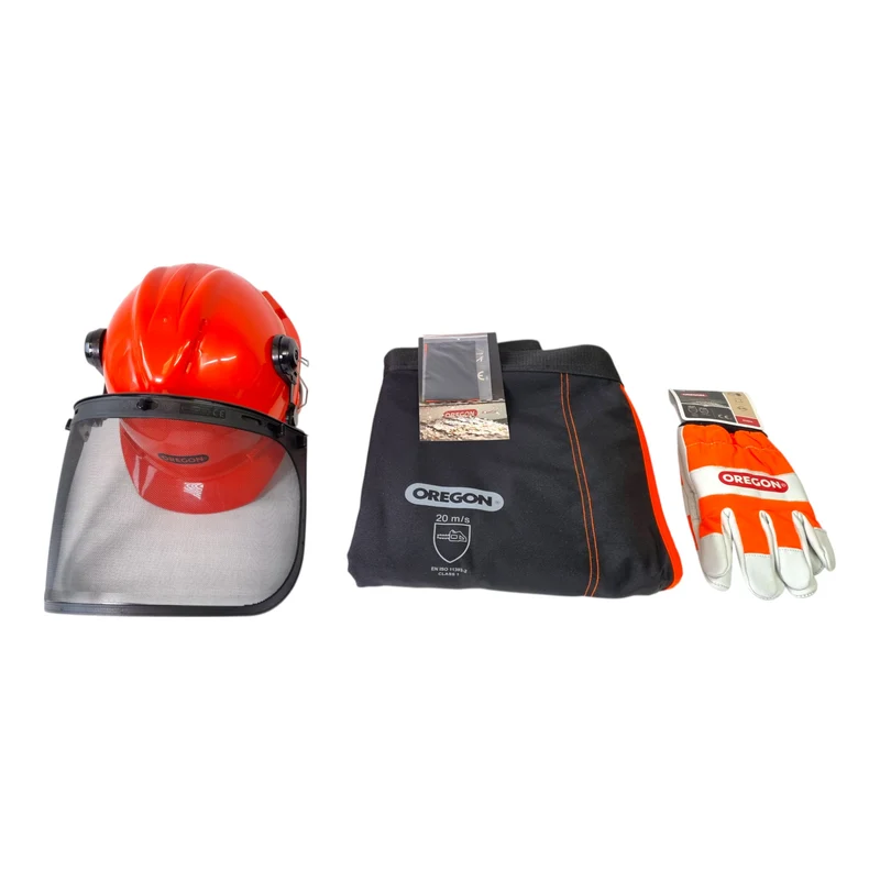 Oregon CS 1500 Kettensäge 2400 W 45 cm Schnittlänge 3/8" ( 579641 ) + Schutzausrüstung Set ( 574742A ) Schutzhelm / Beinschutz / Handschuhe