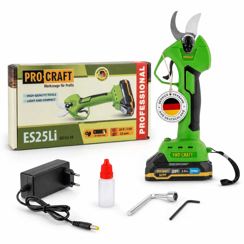 Procraft ES25Li Akku Astschere Gartenschere 20 V 25 mm + 1x Akku 2,0 Ah + Ladegerät