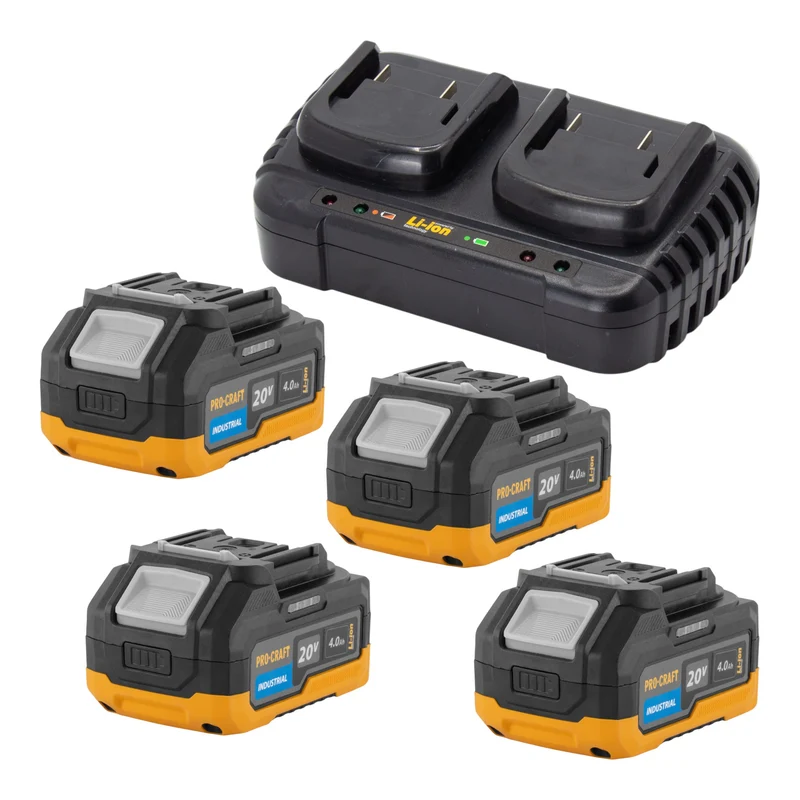 Procraft Starter Set 20 V 20/2 Doppel Ladegerät + 4x 20/4 Industrial Akku 4,0 Ah