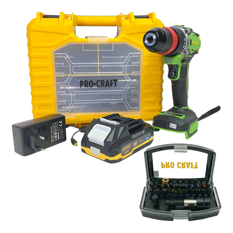 Procraft PA18ProDFR2-1B-C Akku Bohrschrauber 20 V 30 Nm Brushless + 1x Akku 2,0 Ah + Ladegerät + 32 tlg. Bit Set + Koffer