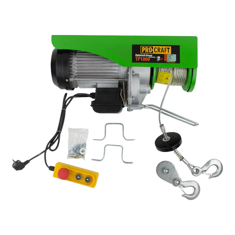 Procraft TP1000 elektrische Seilwinde Seilzug 1600 W 6 mm Tragfähigkeit ohne/mit Umlenkrolle 500/1000 kg Hubhöhe 20/10 m