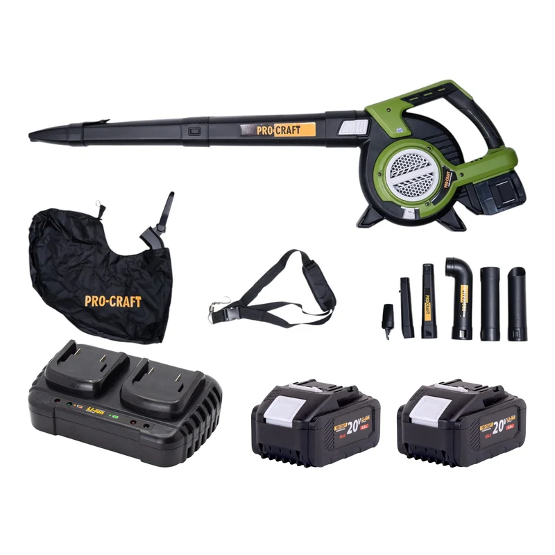 Procraft VB20 Akku Laubbläser und Laubsauger 40 V ( 2x 20 V ) Brushless + 2x Akku 8,0 Ah + Doppelladegerät