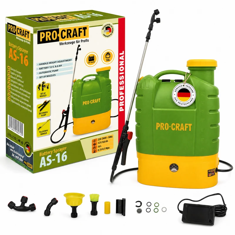 Procraft AS-16 Akku Sprühgerät 12 V 16 l 5,5 bar + integrierter Akku 8,0 Ah + Ladegerät