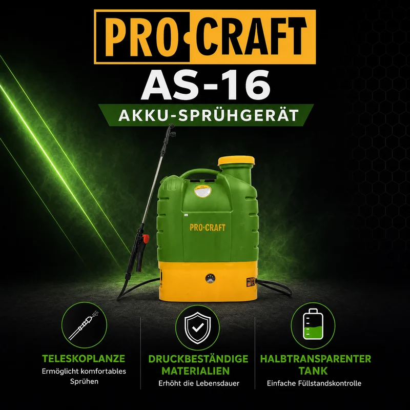 Procraft AS-16 Akku Sprühgerät 12 V 16 l 5,5 bar + integrierter Akku 8,0 Ah + Ladegerät