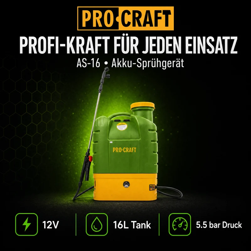 Procraft AS-16 Akku Sprühgerät 12 V 16 l 5,5 bar + integrierter Akku 8,0 Ah + Ladegerät