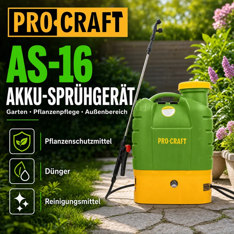 Procraft AS-16 Akku Sprühgerät 12 V 16 l 5,5 bar + integrierter Akku 8,0 Ah + Ladegerät