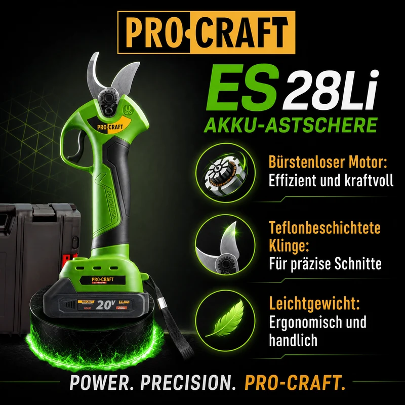 Procraft ES28Li bb Akku Astschere Gartenschere 20 V 25 mm + 1x Akku 2,0 Ah + RHINO Toolcase - ohne Ladegerät
