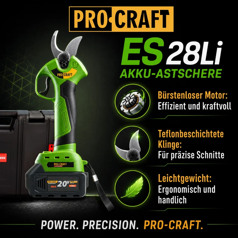 Procraft ES28Li bb Akku Astschere Gartenschere 20 V 25 mm + 1x Akku 4,0 Ah + RHINO Toolcase - ohne Ladegerät