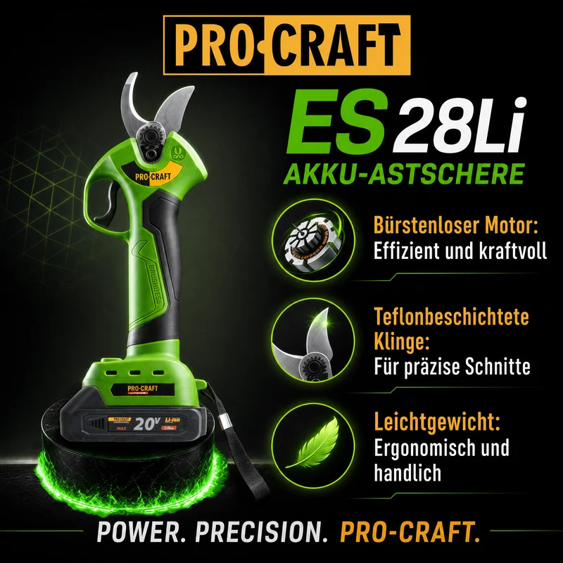 Procraft ES28Li bb Akku Astschere Gartenschere 20 V 25 mm + 1x Akku 2,0 Ah - ohne Ladegerät