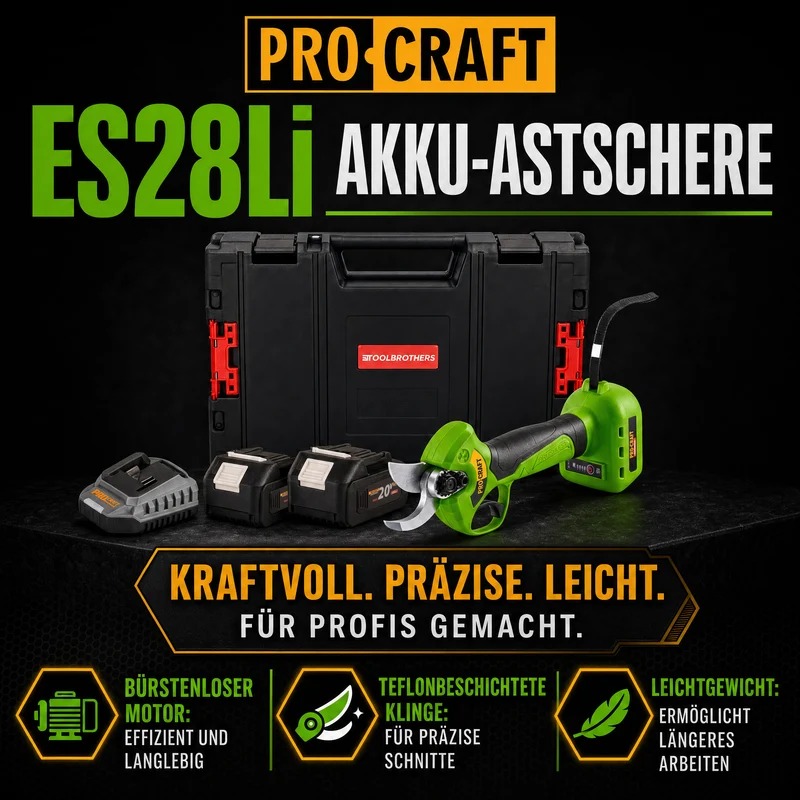 Procraft ES28Li bb Akku Astschere Gartenschere 20 V 25 mm + 2x Akku 4,0 Ah + Ladegerät + RHINO Toolcase