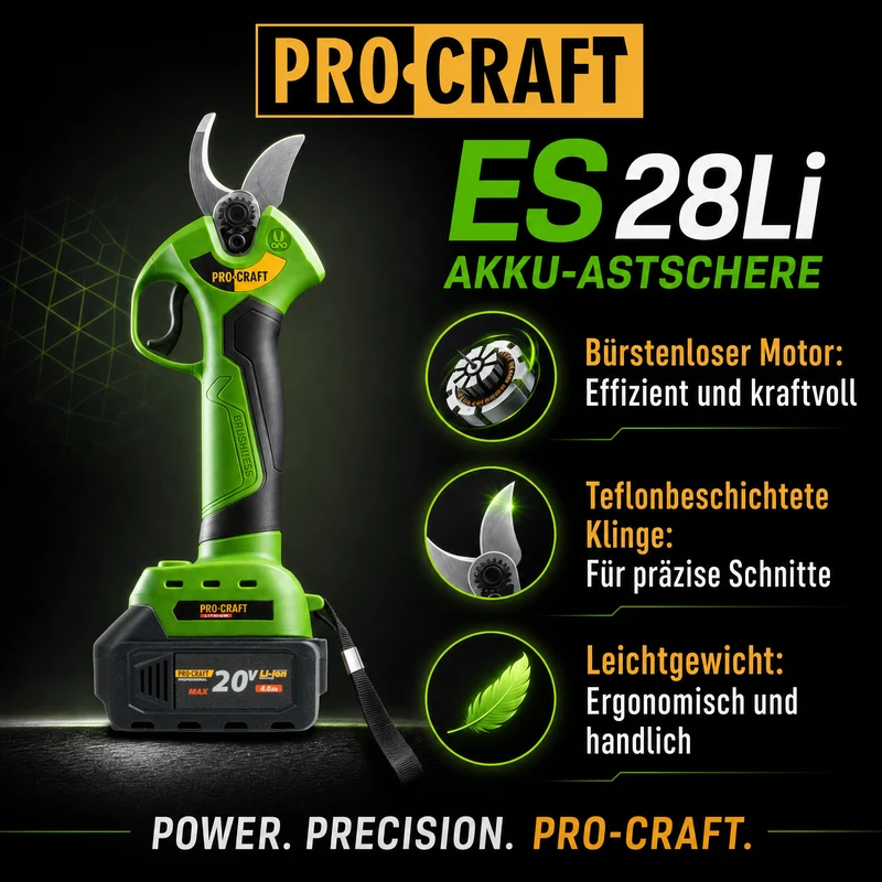 Procraft ES28Li bb Akku Astschere Gartenschere 20 V 25 mm + 1x Akku 4,0 Ah + Ladegerät