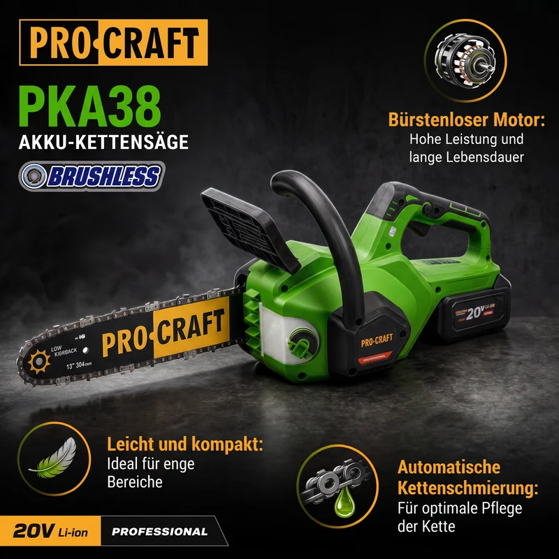 Procraft PKA38 Akku Kettensäge 20 V 304 mm Brushless Solo - ohne Akku, ohne Ladegerät