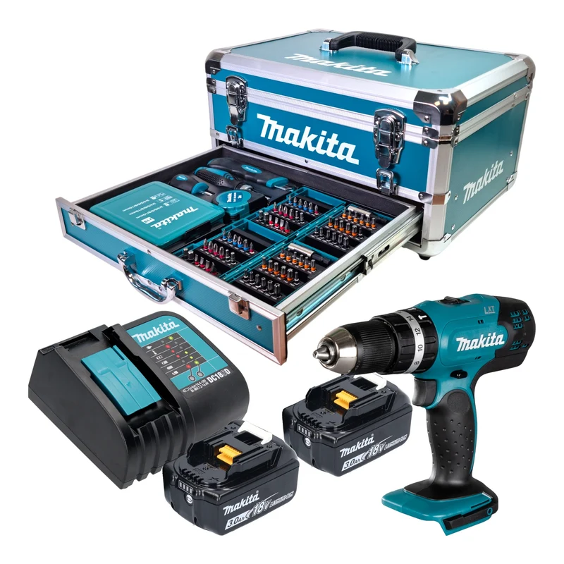 Makita DHP 453 SFX9 Akku Schlagbohrschrauber 18 V 42 Nm + 2x Akku 3,0 Ah + Ladegerät + 96 tlg. Zubehör Set + Koffer
