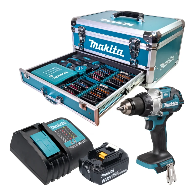 Makita DHP 489 SF1X9 Akku Schlagbohrschrauber 18 V 73 Nm Brushless + 1x Akku 3,0 Ah + Ladegerät + 96 tlg. Zubehör Set + Koffer
