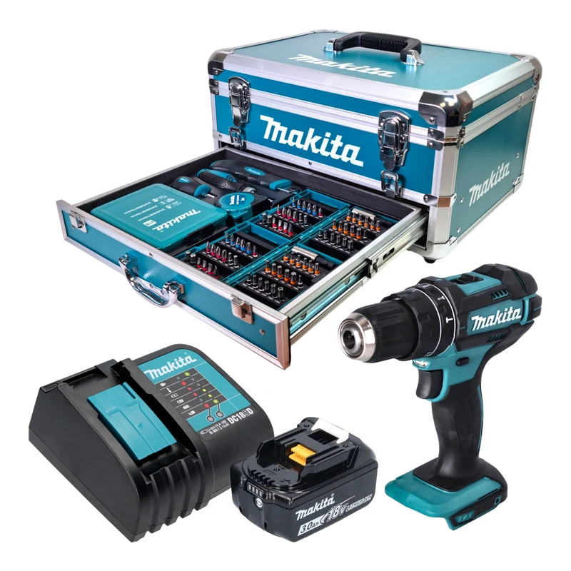 Makita DHP 482 SF1X9 Akku Schlagbohrschrauber 18 V 62 Nm + 1x Akku 3,0 Ah + Ladegerät + 96 tlg. Zubehör Set + Koffer