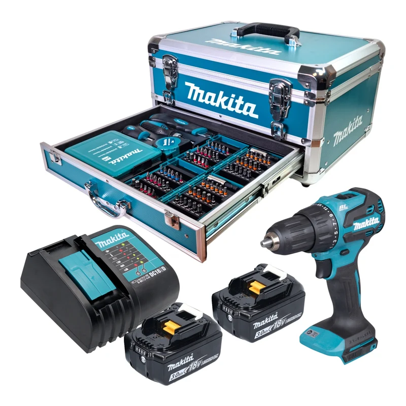 Makita DHP 490 SFX9 Akku Schlagbohrschrauber 18 V 65 Nm Brushless + 2x Akku 3,0 Ah + Ladegerät + 96 tlg. Zubehör Set + Koffer