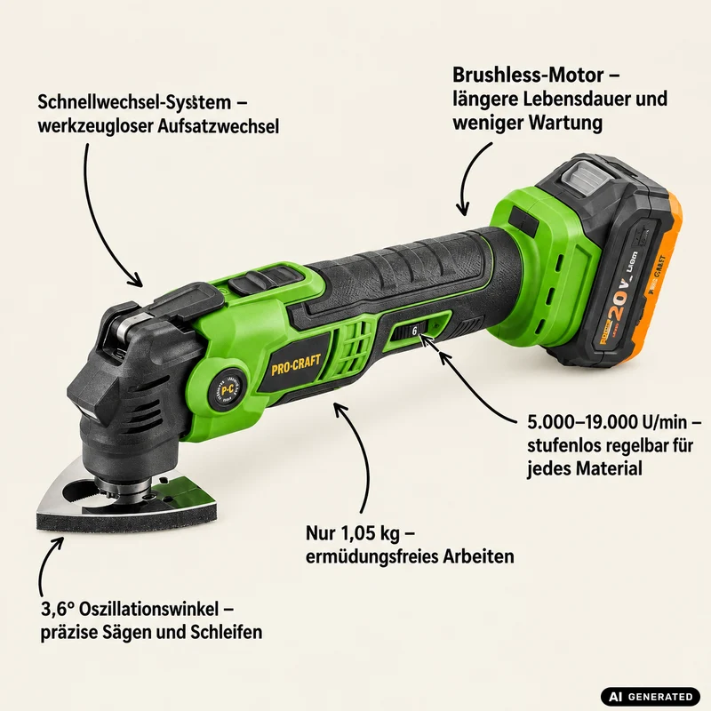 Procraft PMT22bb Akku Multifunktionswerkzeug 20 V Brushless + 1x Akku 4,0 Ah + RHINO Toolcase - ohne Ladegerät
