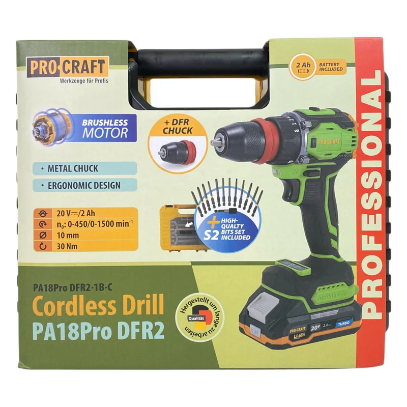 Procraft PA18ProDFR2-1B-C Akku Bohrschrauber 20 V 30 Nm Brushless + 1x Akku 2,0 Ah + Ladegerät + 13 tlg. Bit Set + Koffer