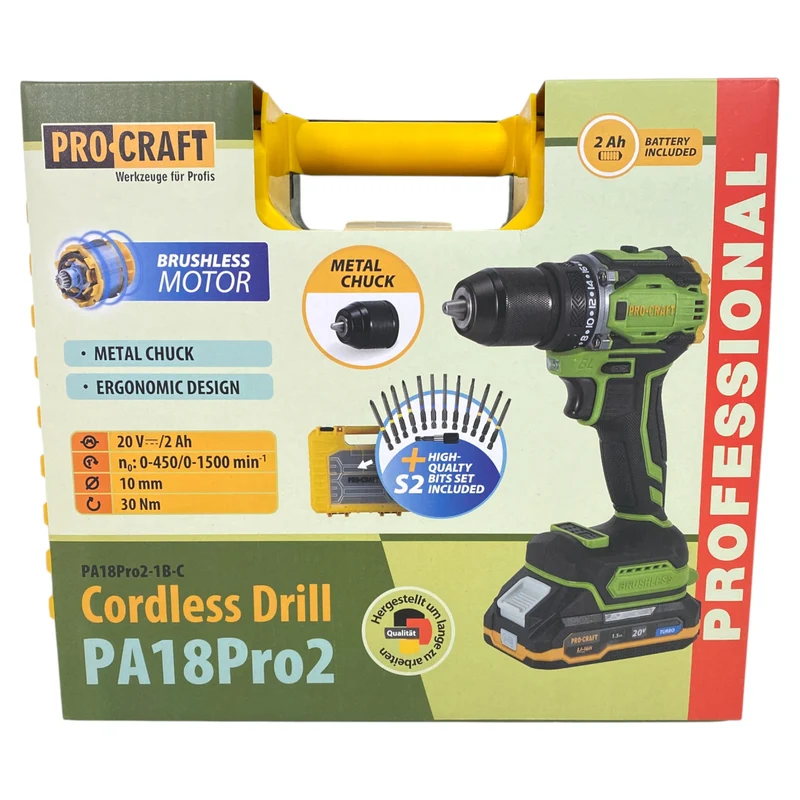 Procraft PA18Pro2-1B-C Akku Bohrschrauber 20 V 30 Nm Brushless + 1x Akku 2,0 Ah + Ladegerät + 13 tlg. Bit Set + Koffer