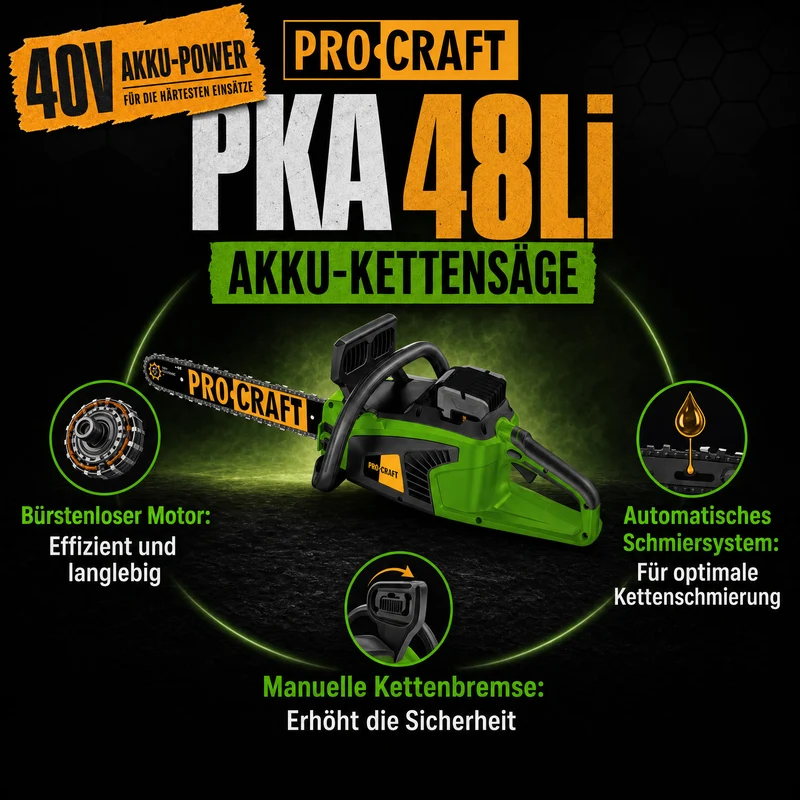 Procraft PKA48Li Akku Kettensäge 40 V 406 mm Brushless + 1x Akku 8,0 Ah + Ladegerät