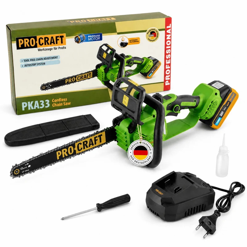 Procraft PKA33-1B Akku Kettensäge 20 V 304 mm Brushless + 1x Akku 4,0 Ah + Ladegerät