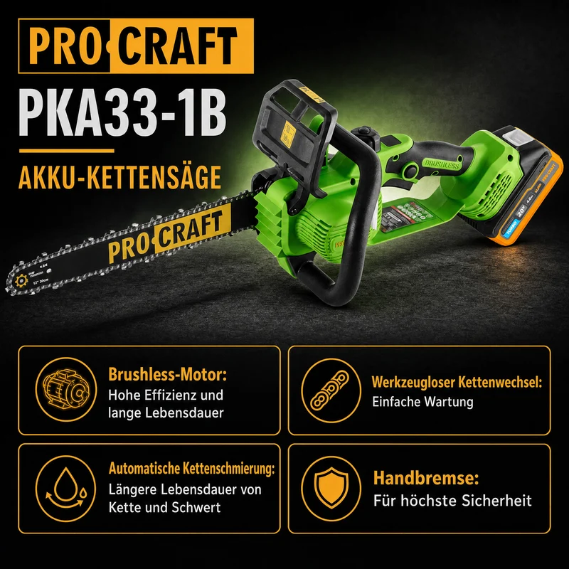 Procraft PKA33-1B Akku Kettensäge 20 V 304 mm Brushless + 1x Akku 4,0 Ah + Ladegerät
