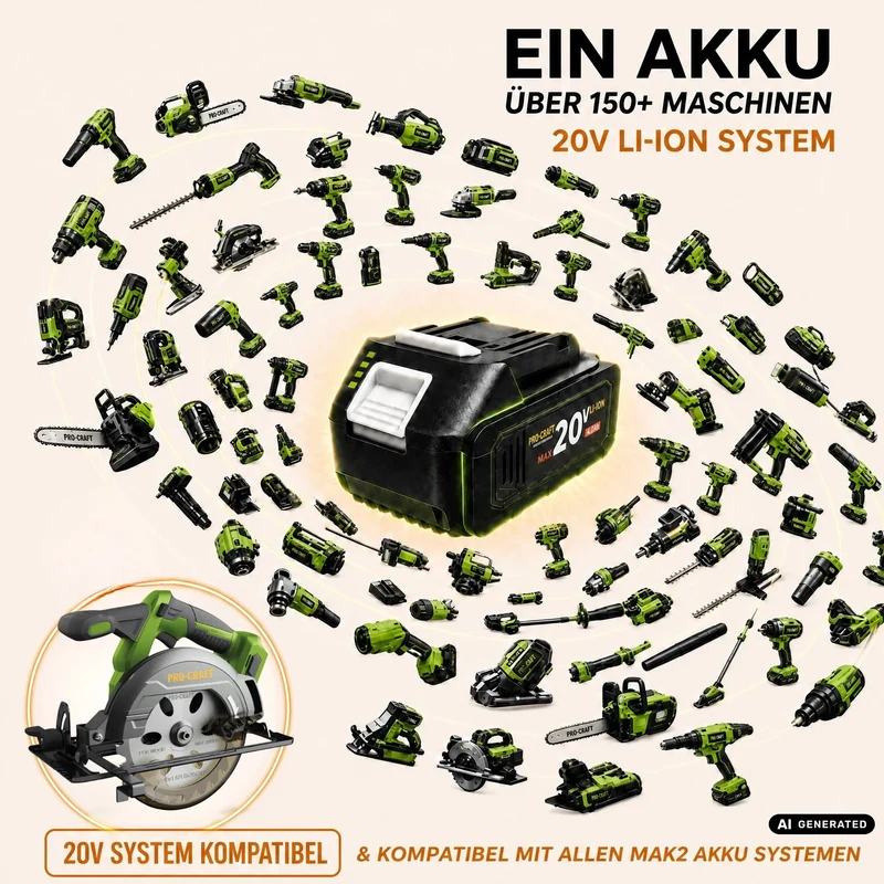 Procraft PCA32-BB Akku Handkreissäge 20 V 165 mm Brushless + 2x Akku 4,0 Ah + Ladegerät
