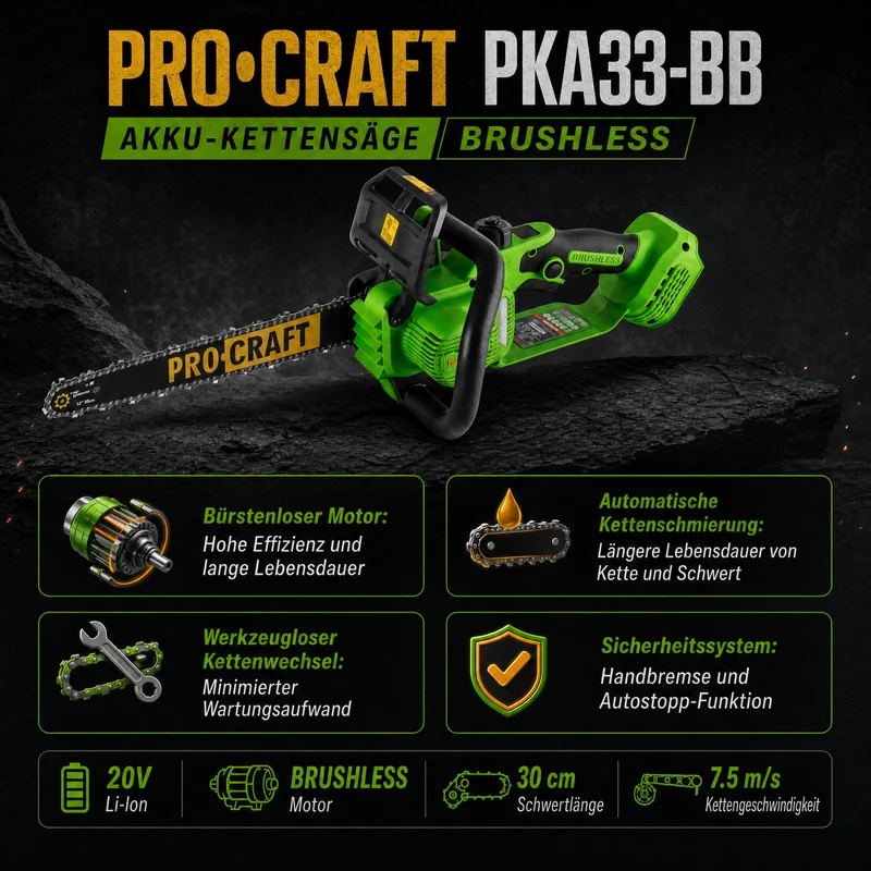 Procraft PKA33-BB Akku Kettensäge 20 V 304 mm Brushless Solo - ohne Akku, ohne Ladegerät