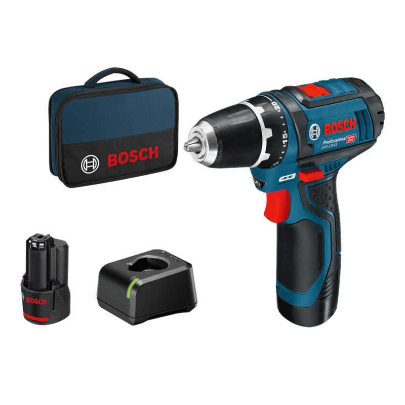 Bosch GSR 12V-15 Professional Akku Bohrschrauber 12 V 30 Nm ( 060186810F ) + 2x Akku 2,0 Ah + Ladegerät + Tasche