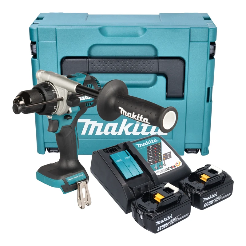 Makita DHP 492 RTJ Akku Schlagbohrschrauber 18 V 141 Nm Brushless + 2x Akku 5,0 Ah + Ladegerät + Makpac