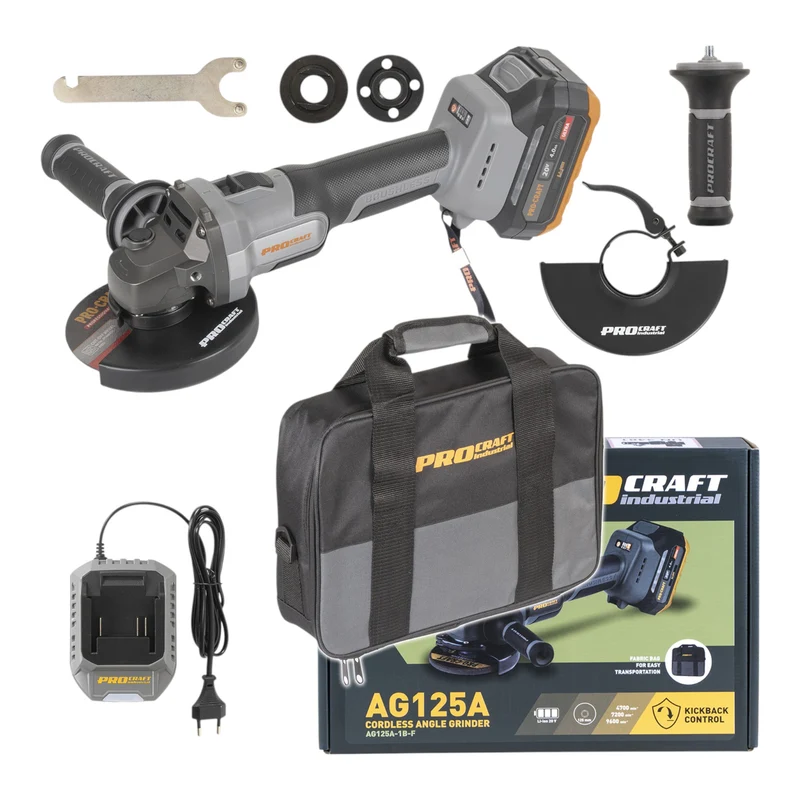 Procraft Industrial AG125A-1B-F Akku Winkelschleifer 20 V 125 mm Brushless + 1x Akku 4,0 Ah + Ladegerät + Tasche