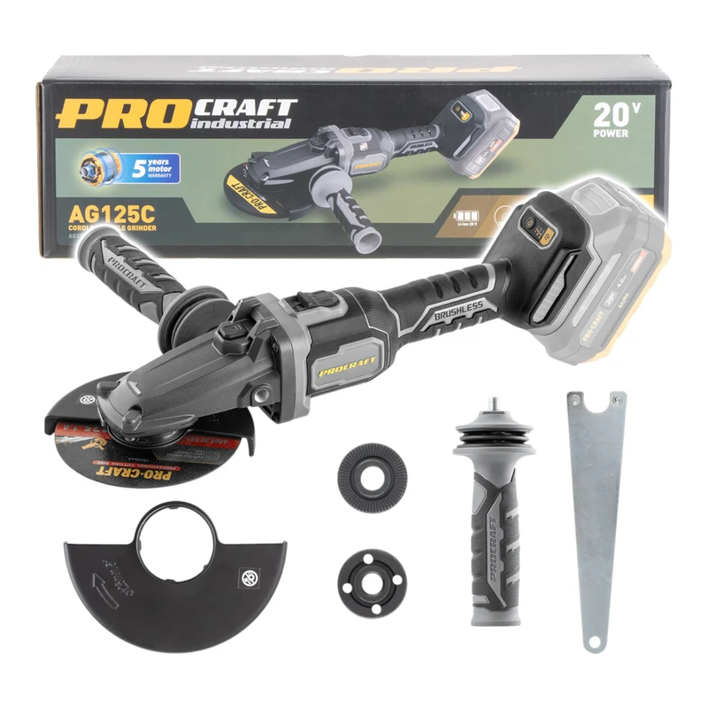 Procraft Industrial AG125Cbb Akku Flachkopf Winkelschleifer 20 V 125 mm Brushless Solo