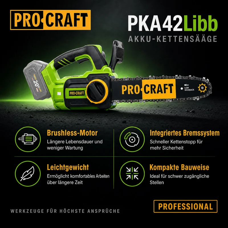 Procraft PKA42Libb Akku Kettensäge 20 V 304 mm Brushless Solo - ohne Akku, ohne Ladegerät