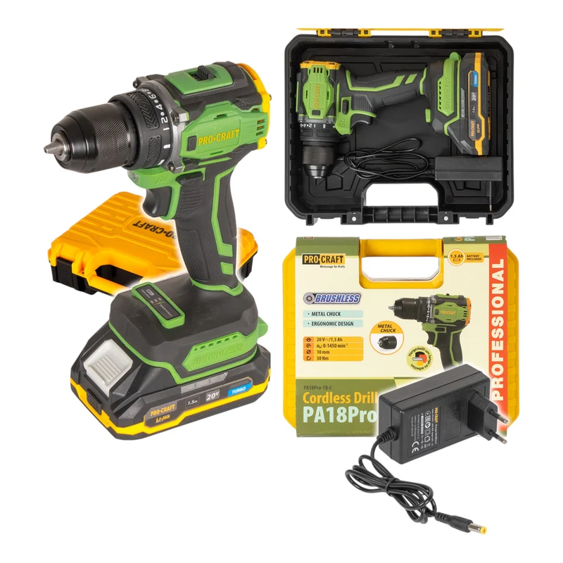 Procraft PA18Pro Akku Bohrschrauber 20 V 30 Nm Brushless + 1x Akku 1,5 Ah + Ladegerät + Koffer