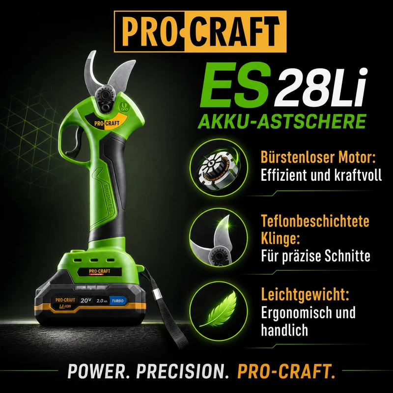 Procraft ES28Li Akku Astschere 20 V Brushless + 1x Akku 2,0 Ah + Ladegerät + Koffer