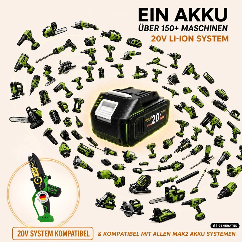 Procraft PKA32Li Akku Kettensäge 20 V 203 mm Brushless + 1x Akku 4,0 Ah + Ladegerät + Koffer