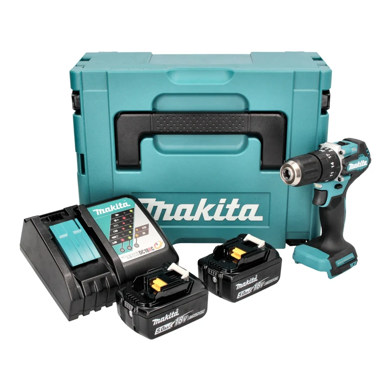 Makita DHP 487 RTJ Akku Schlagbohrschrauber 18 V 40 Nm Brushless + 2x Akku 5,0 Ah + Ladegerät + Makpac