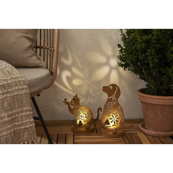 Star Trading LED-Solar-Dekoration "Oxicat", sitzende Katze Rost, Metall, ca. 25x30 cm, ww LED, Akku, outdoor, Vierfarb-Karton