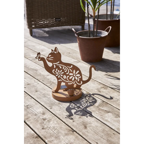 Star Trading LED-Solar-Dekoration "Oxicat", sitzende Katze Rost, Metall, ca. 25x30 cm, ww LED, Akku, outdoor, Vierfarb-Karton