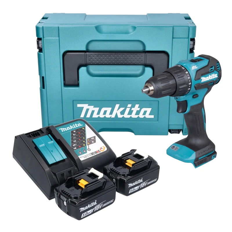 Makita DHP 490 RTJ Akku Schlagbohrschrauber 18 V 65 Nm Brushless + 2x Akku 5,0 Ah + Ladegerät + Makpac