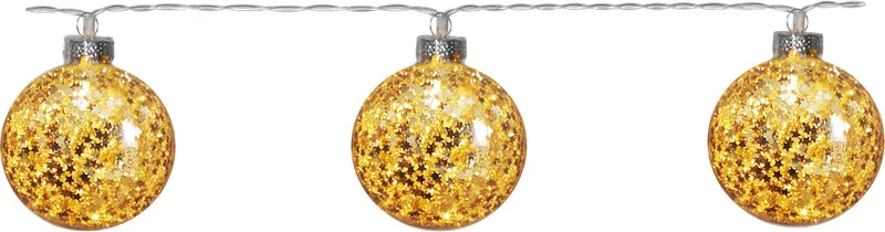 Star Trading LED-Lichterkette "Glitter" 10 goldene Kugeln, Kabel: transparent, 10 warmwhite LED, ca. 130x6 cm, Batterie, Timer, Vierfarb-Karton