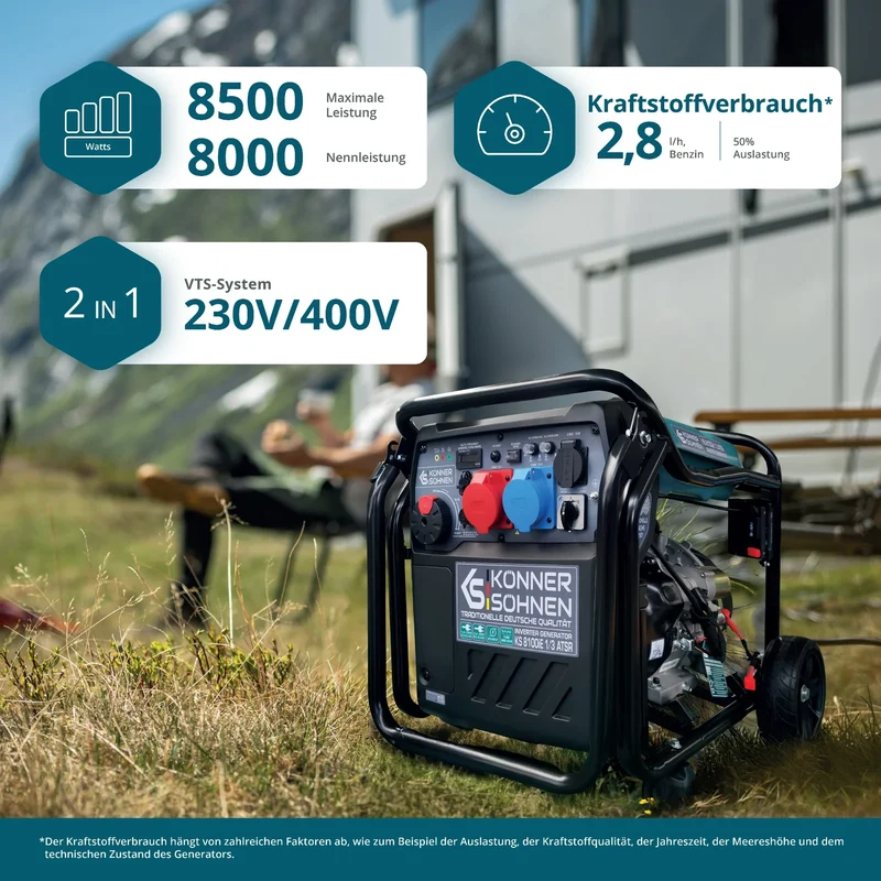 "Könner & Söhnen" Inverter-Generator KS 8100iE 1/3 ATSR - 8kW Nennleistung (230/400V ohne Umschaltverluste abrufbar) - Benzinmotor
