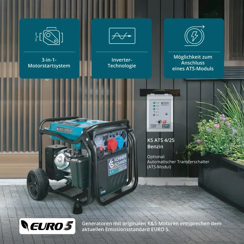 "Könner & Söhnen" Inverter-Generator KS 8100iE 1/3 ATSR - 8kW Nennleistung (230/400V ohne Umschaltverluste abrufbar) - Benzinmotor
