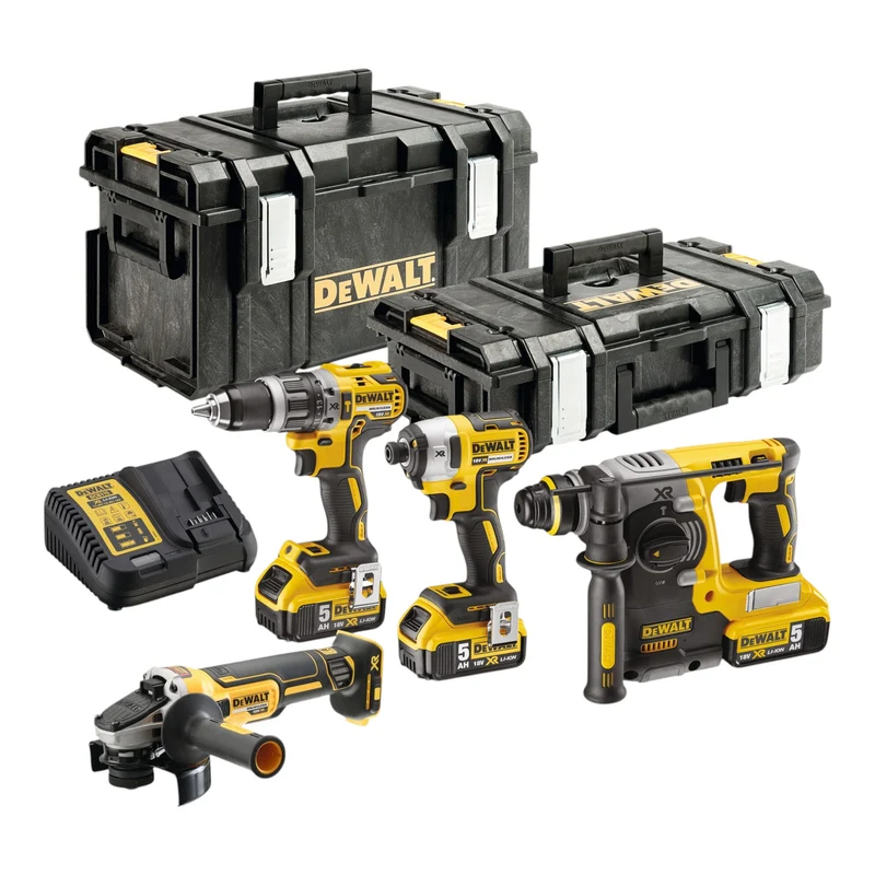 DeWalt DCK 422 P3T Akku Combo Kit 18 V DCD 796 Schlagbohrschrauber + DCF 887 Schlagschrauber + DCG 405 Winkelschleifer + DCH 273 Kombihammer + 3x Akku 5,0 Ah + Ladegerät + 2x TSTAK