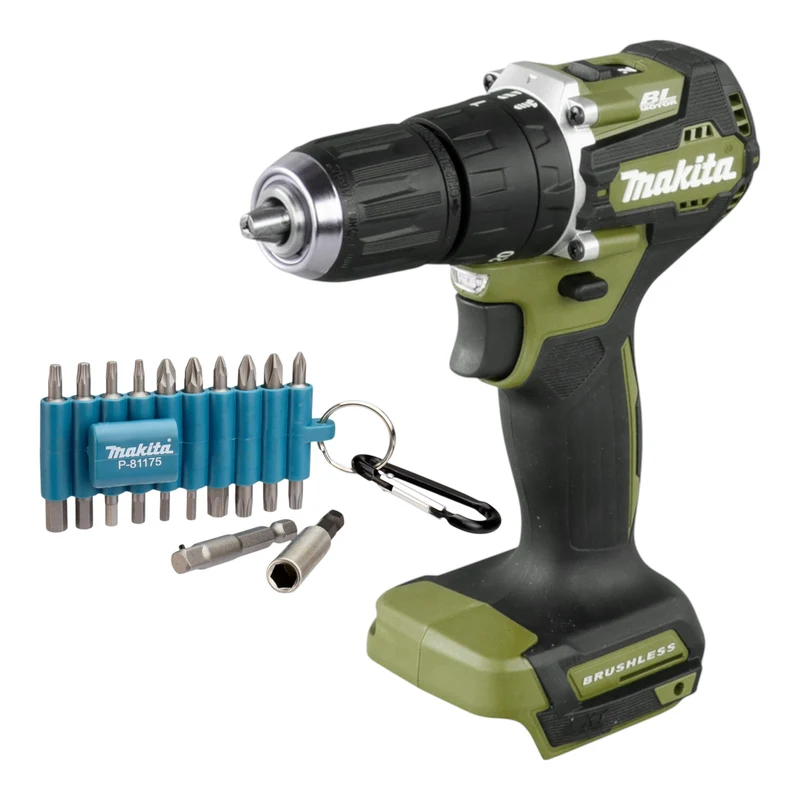 Makita DHP 487 ZO Akku Schlagbohrschrauber 18 V 40 Nm Brushless Olive Outdoor Adventure Serie + 22 tlg. Bit Set - ohne Akku, ohne Ladegerät