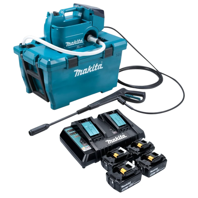 Makita DHW 080 PT4K Akku Hochdruckreiniger 36 V ( 2x 18 V ) 80 bar 380 l/h Brushless + 4x Akku 5,0 Ah + Doppelladegerät