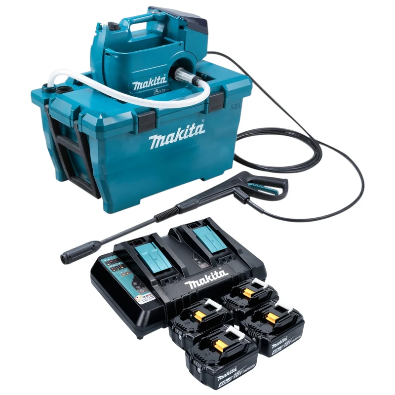 Makita DHW 080 PM4K Akku Hochdruckreiniger 36 V ( 2x 18 V ) 80 bar 380 l/h Brushless + 4x Akku 4,0 Ah + Doppelladegerät