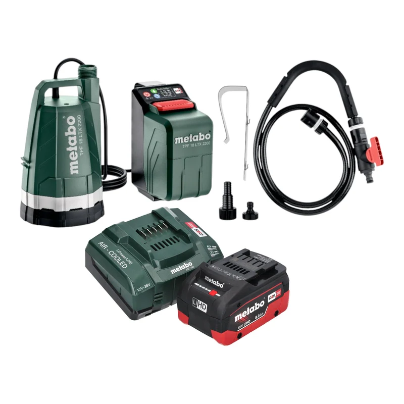 Metabo TPF 18 LTX 2200 Akku Tauch- und Regenfasspumpe 18 V 2200 l/h + 1x LiHD Akku 8,0 Ah + Ladegerät