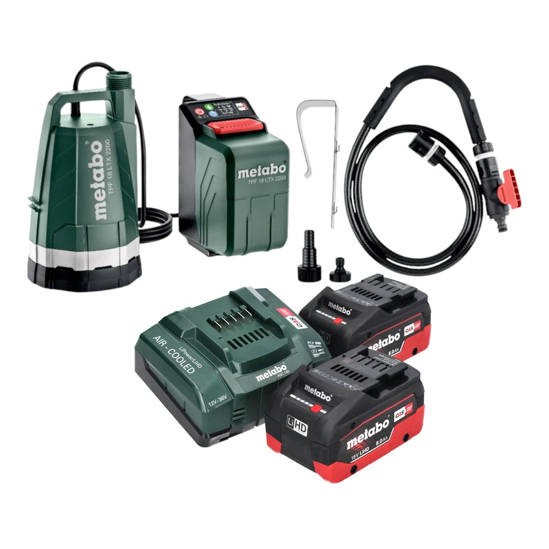 Metabo TPF 18 LTX 2200 Akku Tauch- und Regenfasspumpe 18 V 2200 l/h + 2x LiHD Akku 8,0 Ah + Ladegerät